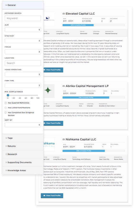 View hundreds of funds on SumZero's Cap Intro platform and only work with ones that are the best fit for your organization.